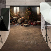 Aperturee - Aperturee Vintage Christmas Toy Room Sweep Photo Backdrop Rustic Workshop with Drums and Gifts Holiday Studio Photo Prop